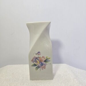Vtg Unbranded Petite Square Bud Vase White Floral Design 80's Retro Japan